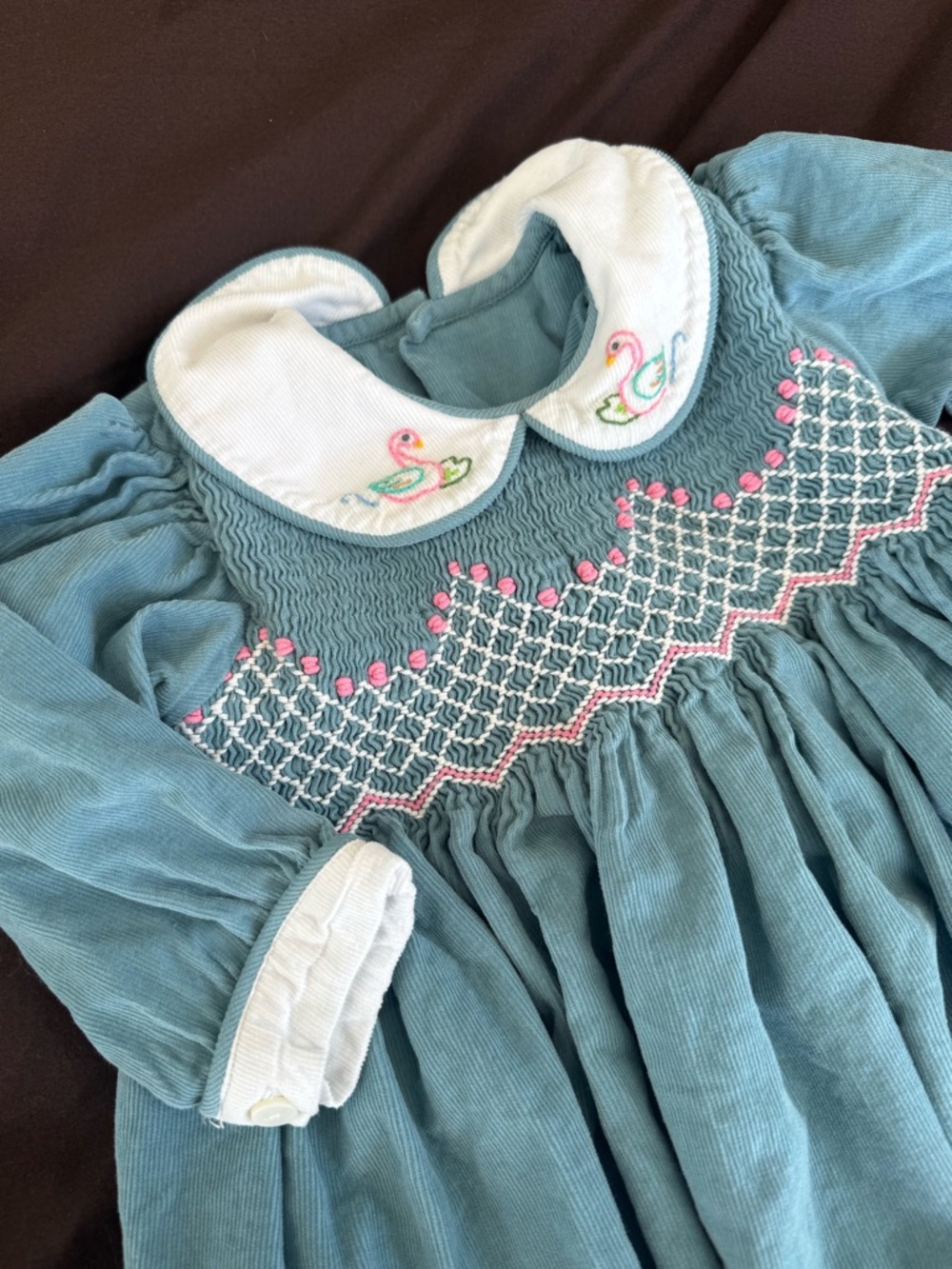 Bella Bliss Smocked Embroidered Swan Dress 2T Dusty Blue Corduroy Baby Girl